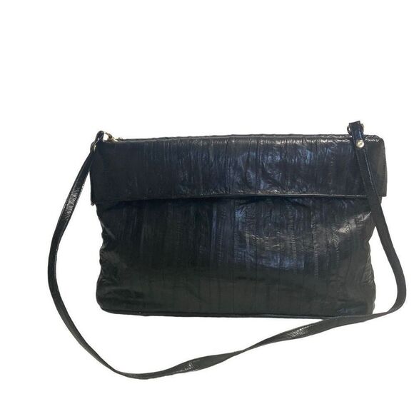 LUV. U.S.A.Women’s Genuine Eel Skin Crossbody Handbag 9.5X3.5X14 Black - Picture 1 of 12